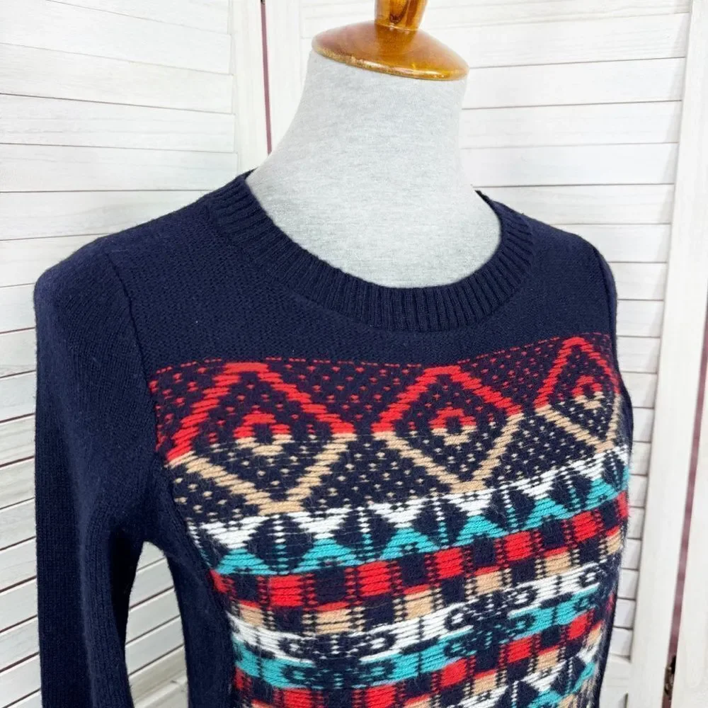 J. Crew Aztec Fair‎ Isle Jacquard Stich Wool Sweater Blue XS Crewneck Pullover